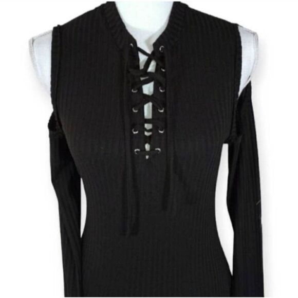 AVEC LES FILLES RIBBED BLACK COLD SHOULDER BODYCON LONG SLEEVE DRESS SZ.M EUC. - Picture 5 of 10